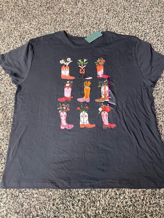 Doe Tops - Doe. Woman’s Western Black Tee with Colorful Floral Cowboy Boots Graphic Plus 2X
